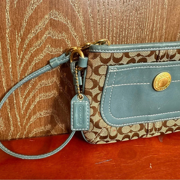 Coach Teal Monogram Wristlet Leather Canvas Small Purse Zip Pouch Cosmetic bag - Picture 4 of 8